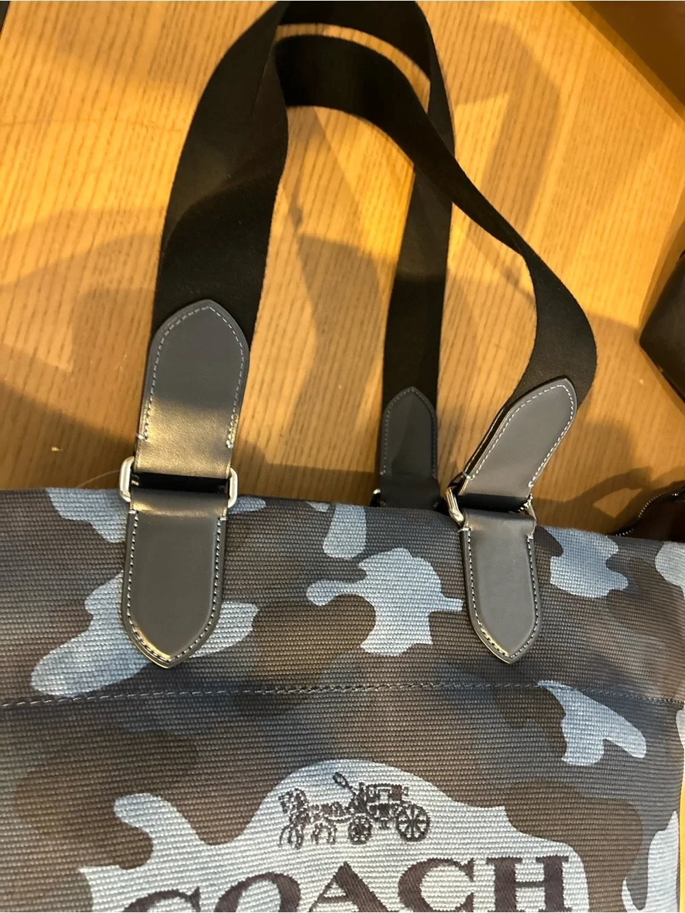 Coach Blue Camo Canvas tour Tote with Black Leather Handles